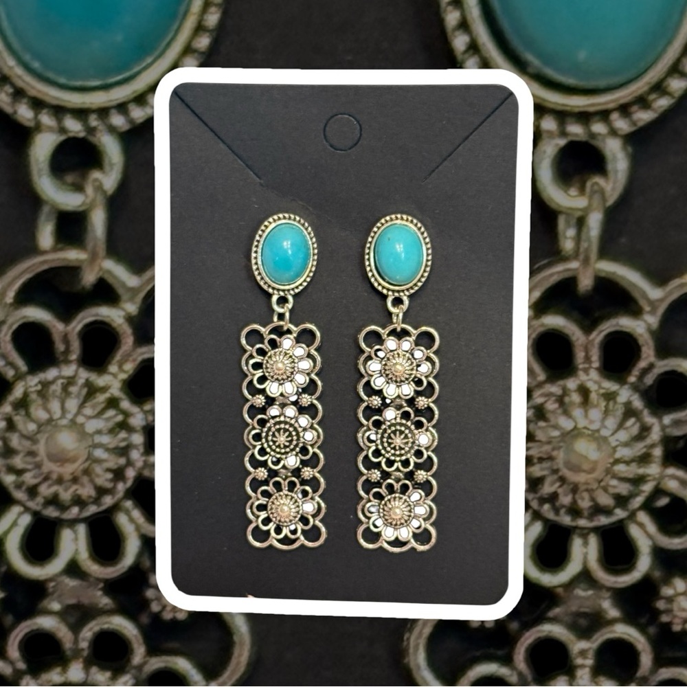 Silver Floral Drop Earrings with Turquoise Accent - Picture 2 of 4